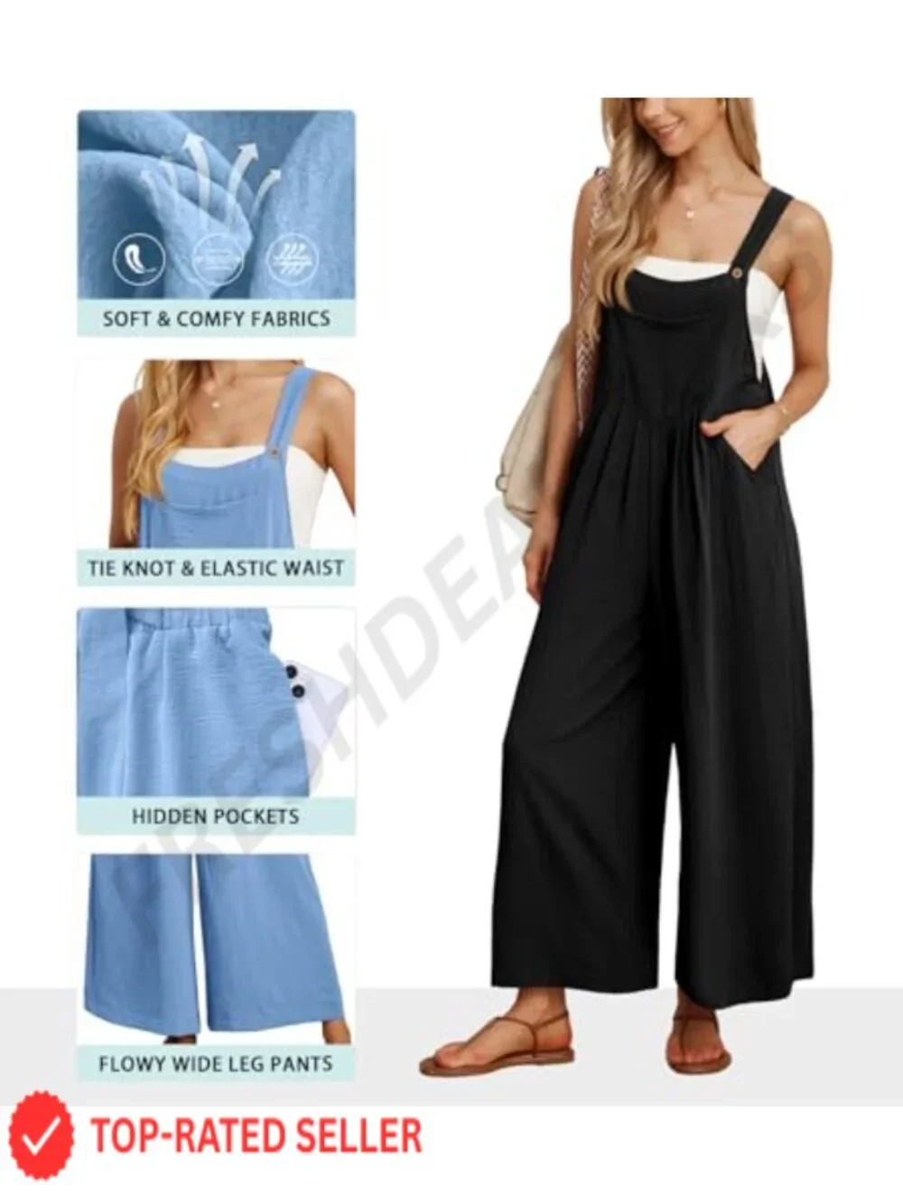 Women's Boho Wide Leg Overalls Jumpsuit Sleeveless with Pockets